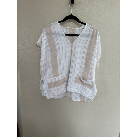 SOLD Grade & Gather womens white tan Blouse small short sleeve cotton po - Picture 3 of 9